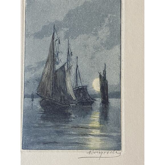 Huguet — Hand-Colored Aquatint Etchings, Twilight Fishing Boats (Pair) - Picture 9 of 15